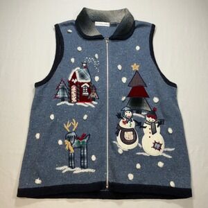 Victoria Jones Christmas Sweater Vest Snowman Reindeer Cottage Holiday‎ L